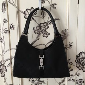 Gucci Bardot Retro Black Canvas Piston Closure Bag